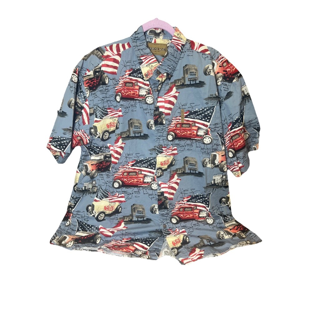 Magellan Sportswear 100% Cotton Button Front Hot Rod Design Shirt Patriotic USA